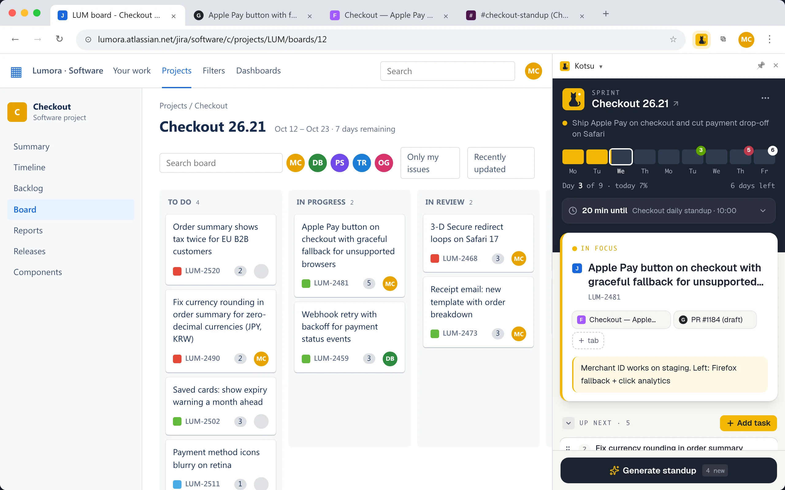 Kotsu side panel in Chrome next to a team board: sprint progress, next meeting countdown, the task in focus and the developer's own queue